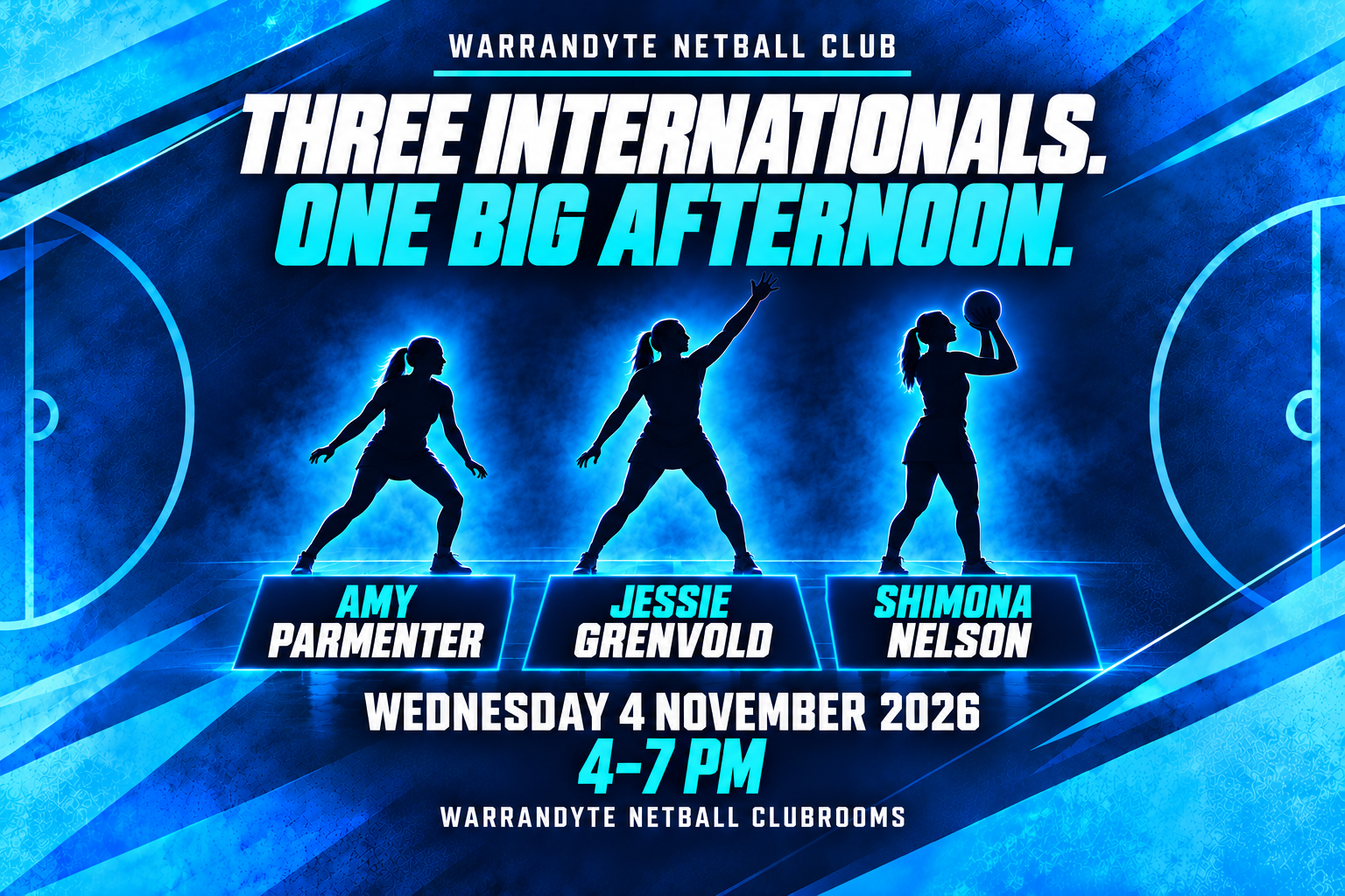 Amy Parmenter, Jessie Grenvold and Shimona Nelson announced as Warrandyte’s special guests, with three generic netball silhouettes.